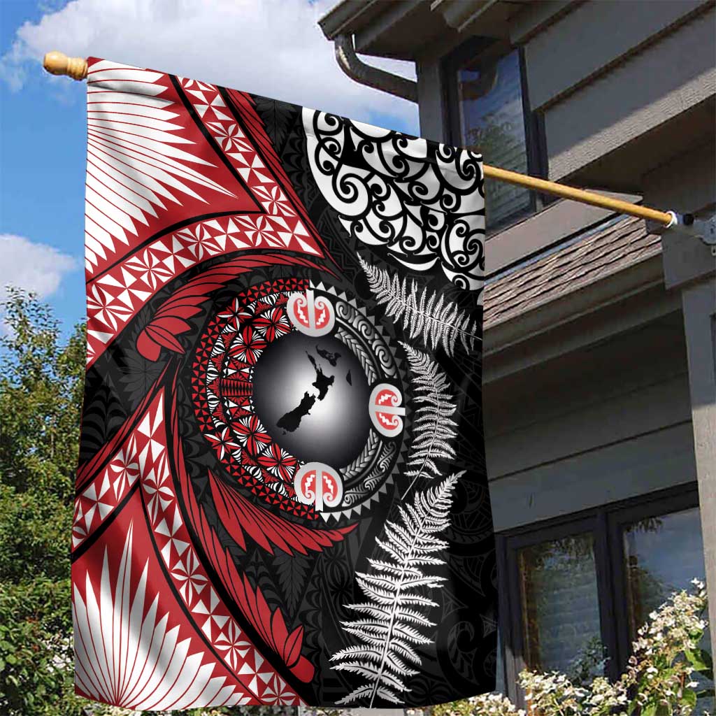 Tonga and New Zealand Together Garden Flag Ngatu Art Tribal Maori Tattoo and Silver Fern LT03 - Polynesian Pride