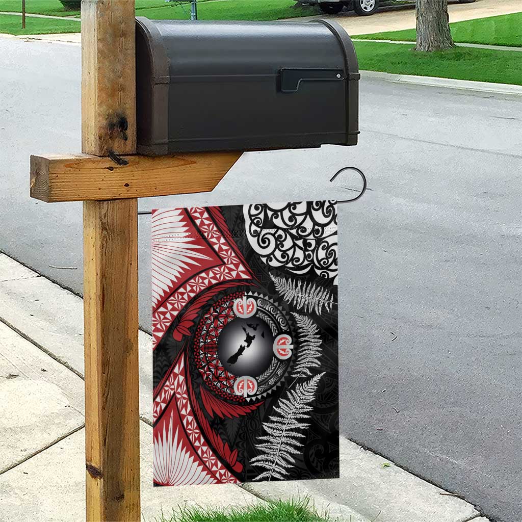 Tonga and New Zealand Together Garden Flag Ngatu Art Tribal Maori Tattoo and Silver Fern LT03 - Polynesian Pride