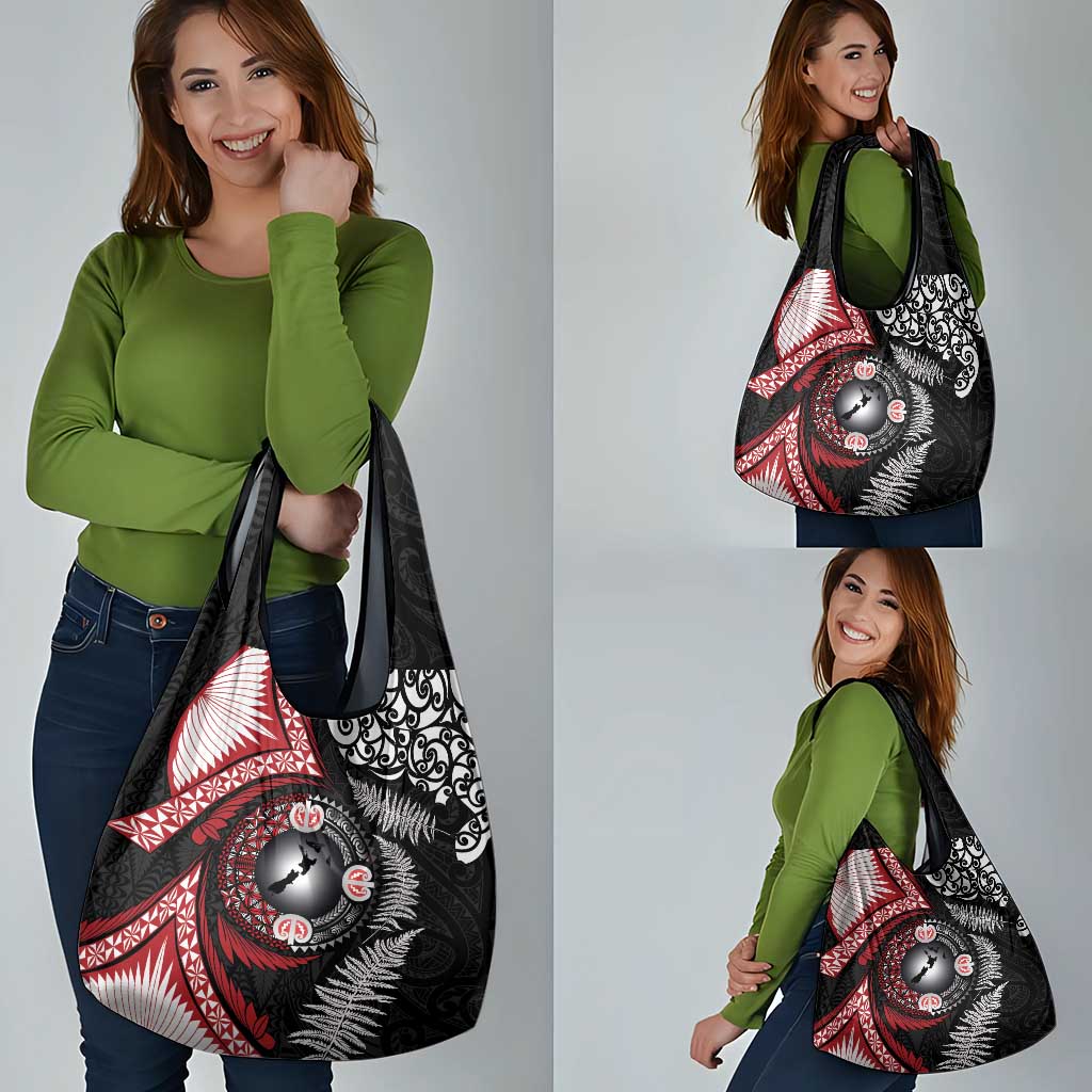 Tonga and New Zealand Together Grocery Bag Ngatu Art Tribal Maori Tattoo and Silver Fern LT03 - Polynesian Pride