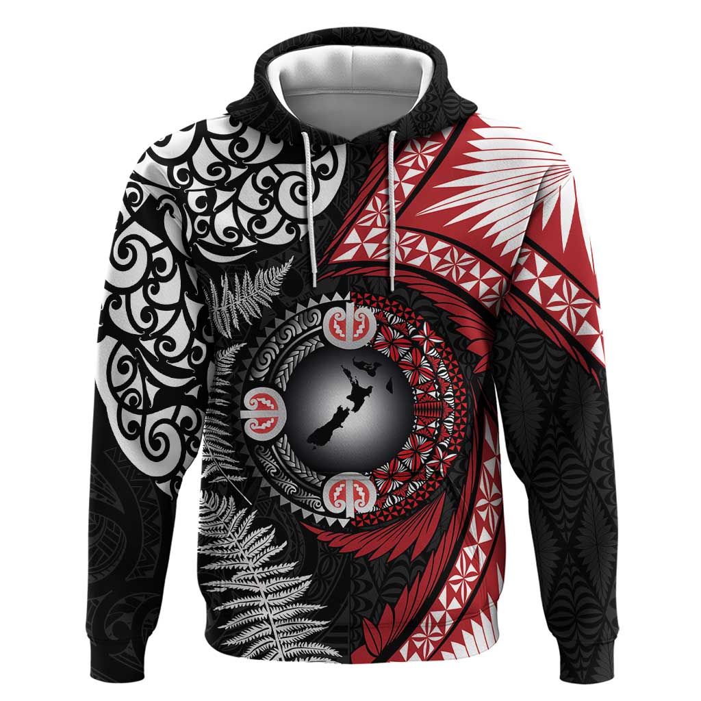 Tonga and New Zealand Together Hoodie Ngatu Art Tribal Maori Tattoo and Silver Fern LT03 Pullover Hoodie Black - Polynesian Pride