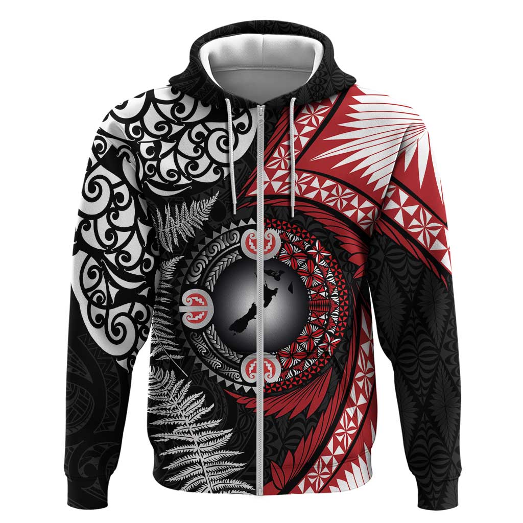 Tonga and New Zealand Together Hoodie Ngatu Art Tribal Maori Tattoo and Silver Fern LT03 Zip Hoodie Black - Polynesian Pride