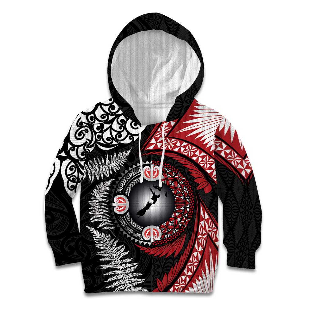 Tonga and New Zealand Together Kid Hoodie Ngatu Art Tribal Maori Tattoo and Silver Fern LT03 Hoodie Black - Polynesian Pride