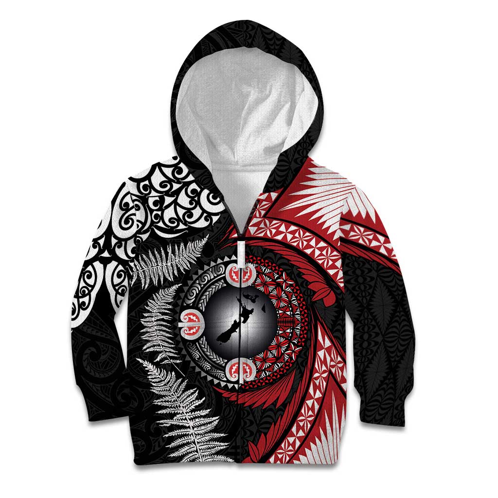 Tonga and New Zealand Together Kid Hoodie Ngatu Art Tribal Maori Tattoo and Silver Fern LT03 Zip Hoodie Black - Polynesian Pride