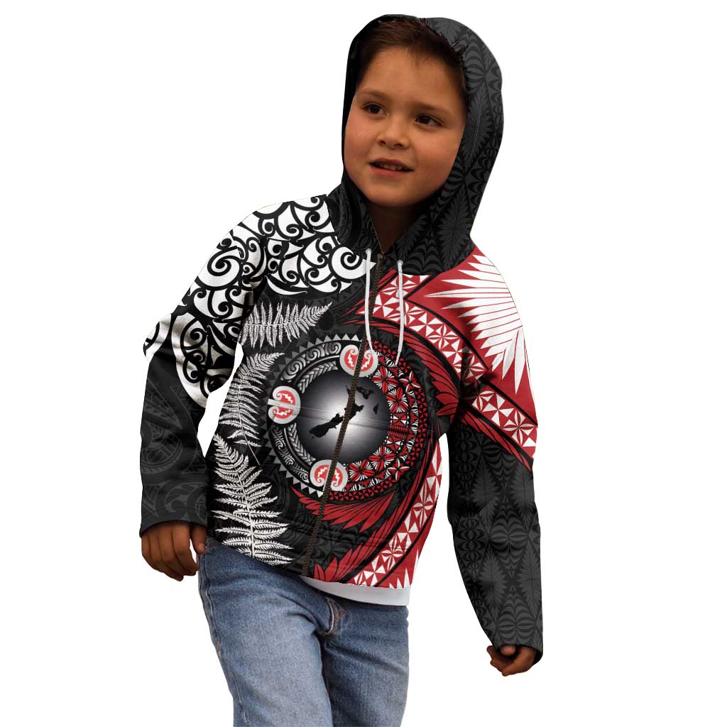 Tonga and New Zealand Together Kid Hoodie Ngatu Art Tribal Maori Tattoo and Silver Fern LT03 - Polynesian Pride