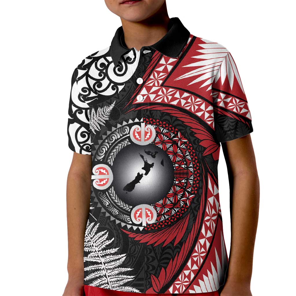 Tonga and New Zealand Together Kid Polo Shirt Ngatu Art Tribal Maori Tattoo and Silver Fern LT03 Kid Black - Polynesian Pride
