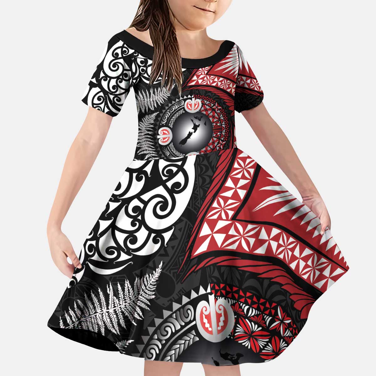 Tonga and New Zealand Together Kid Short Sleeve Dress Ngatu Art Tribal Maori Tattoo and Silver Fern LT03 KID Black - Polynesian Pride