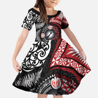 Tonga and New Zealand Together Kid Short Sleeve Dress Ngatu Art Tribal Maori Tattoo and Silver Fern LT03 KID Black - Polynesian Pride