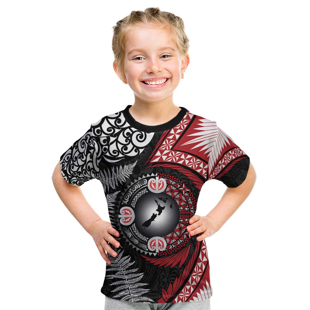 Tonga and New Zealand Together Kid T Shirt Ngatu Art Tribal Maori Tattoo and Silver Fern LT03 Black - Polynesian Pride