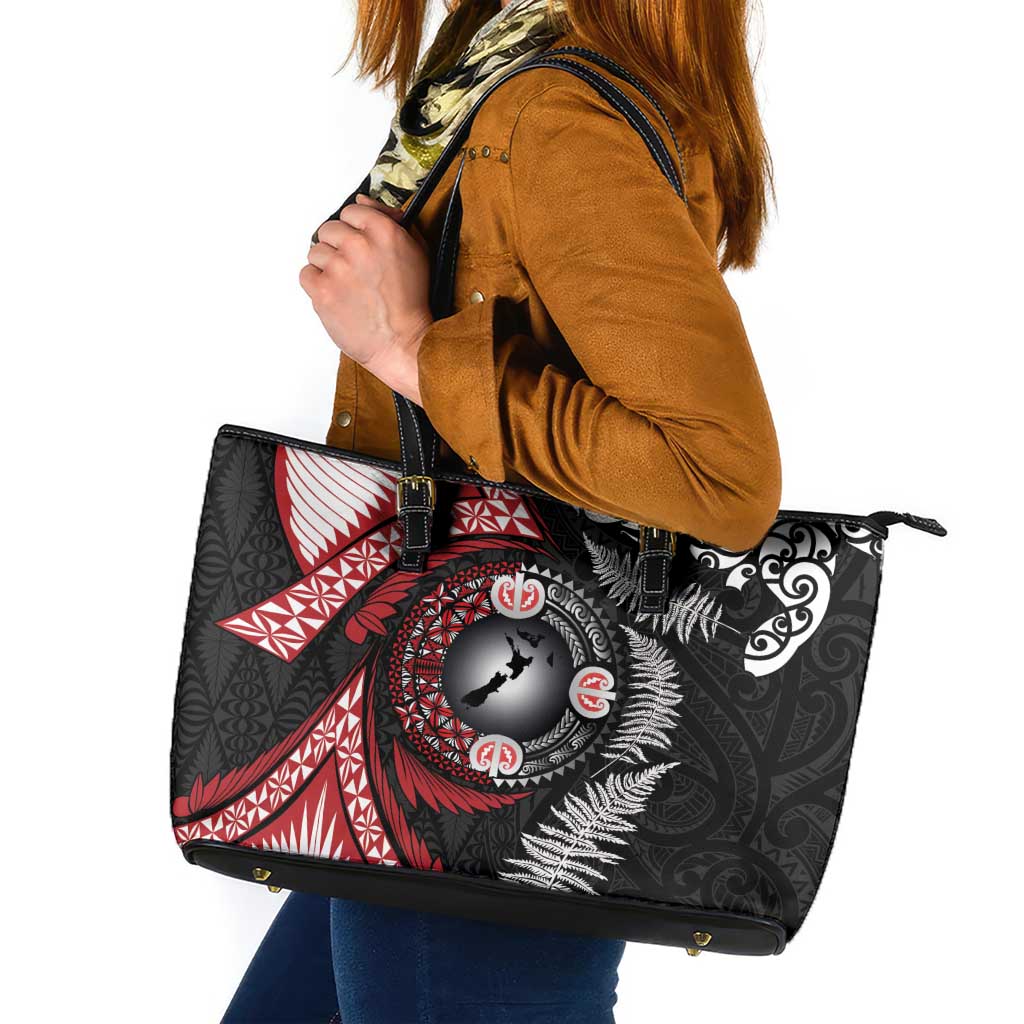 Tonga and New Zealand Together Leather Tote Bag Ngatu Art Tribal Maori Tattoo and Silver Fern LT03 Black - Polynesian Pride