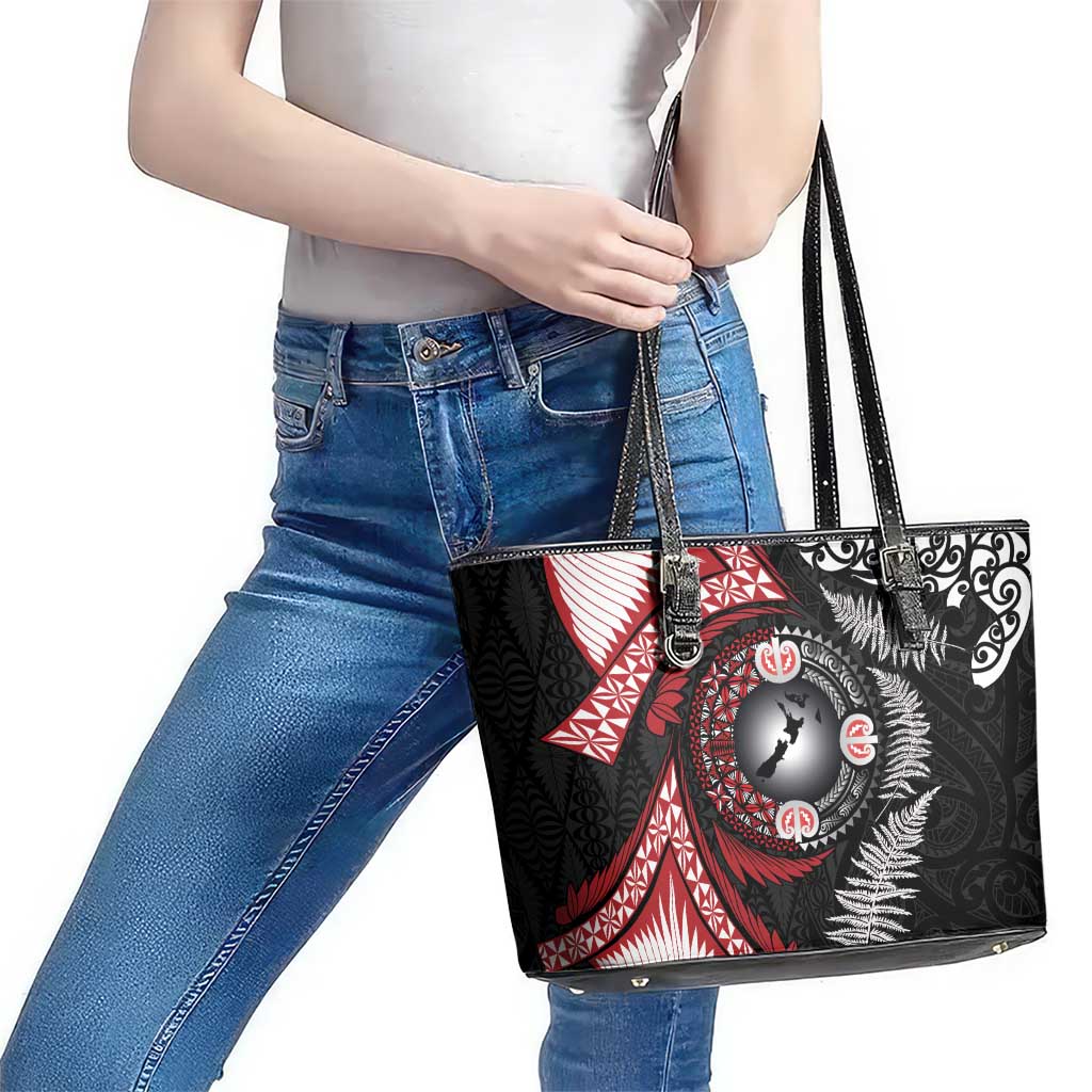 Tonga and New Zealand Together Leather Tote Bag Ngatu Art Tribal Maori Tattoo and Silver Fern LT03 - Polynesian Pride