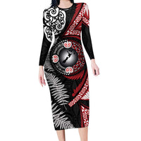 Tonga and New Zealand Together Long Sleeve Bodycon Dress Ngatu Art Tribal Maori Tattoo and Silver Fern LT03 Long Dress Black - Polynesian Pride