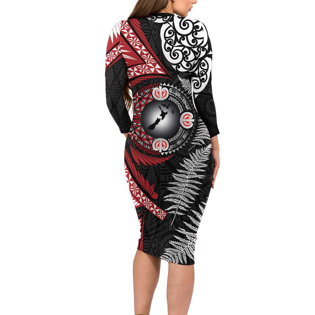 Tonga and New Zealand Together Long Sleeve Bodycon Dress Ngatu Art Tribal Maori Tattoo and Silver Fern LT03 - Polynesian Pride