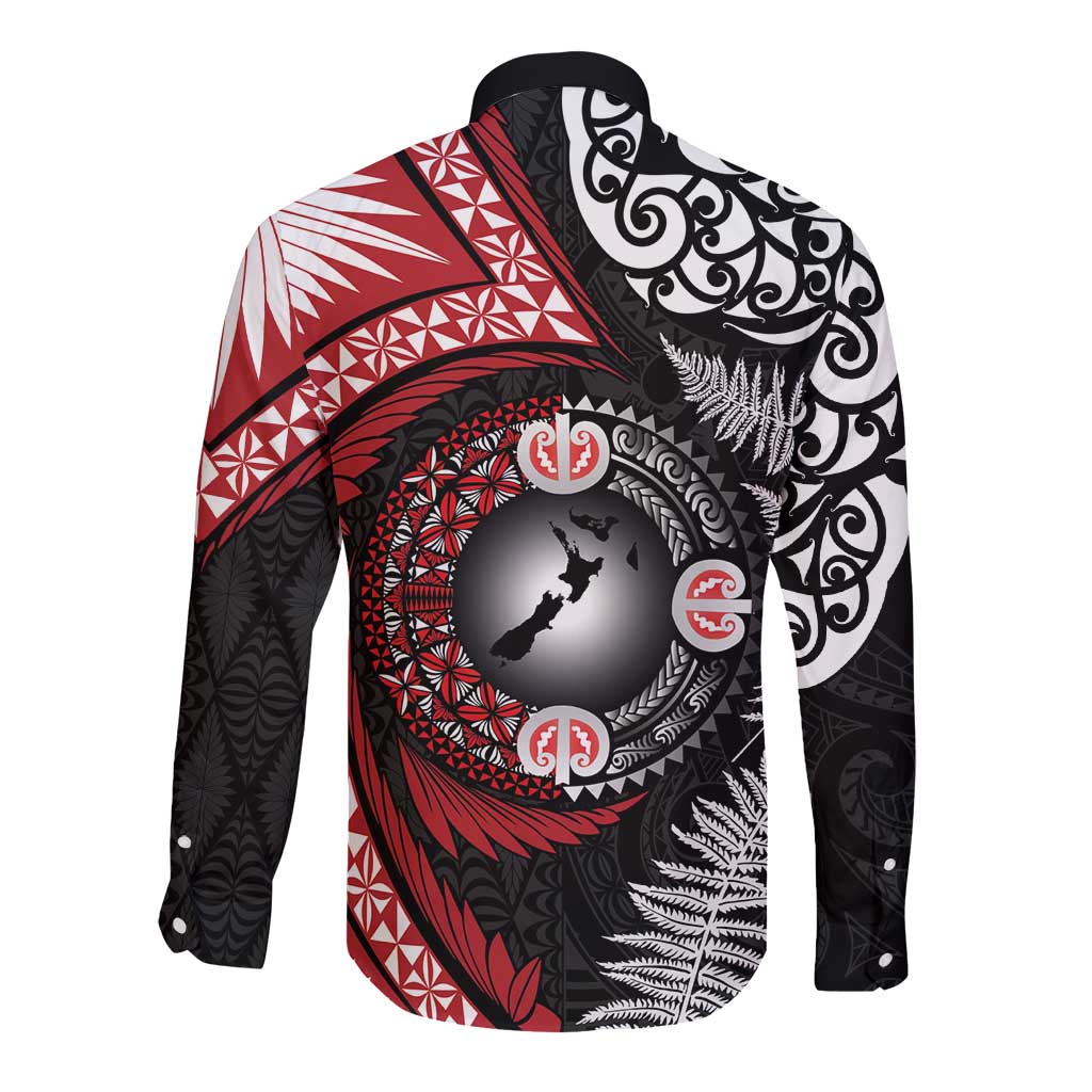 Tonga and New Zealand Together Long Sleeve Button Shirt Ngatu Art Tribal Maori Tattoo and Silver Fern LT03 - Polynesian Pride