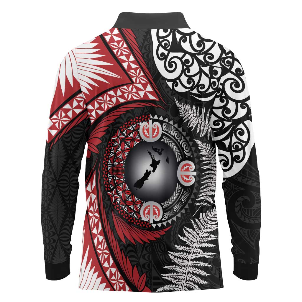Tonga and New Zealand Together Long Sleeve Polo Shirt Ngatu Art Tribal Maori Tattoo and Silver Fern LT03 - Polynesian Pride