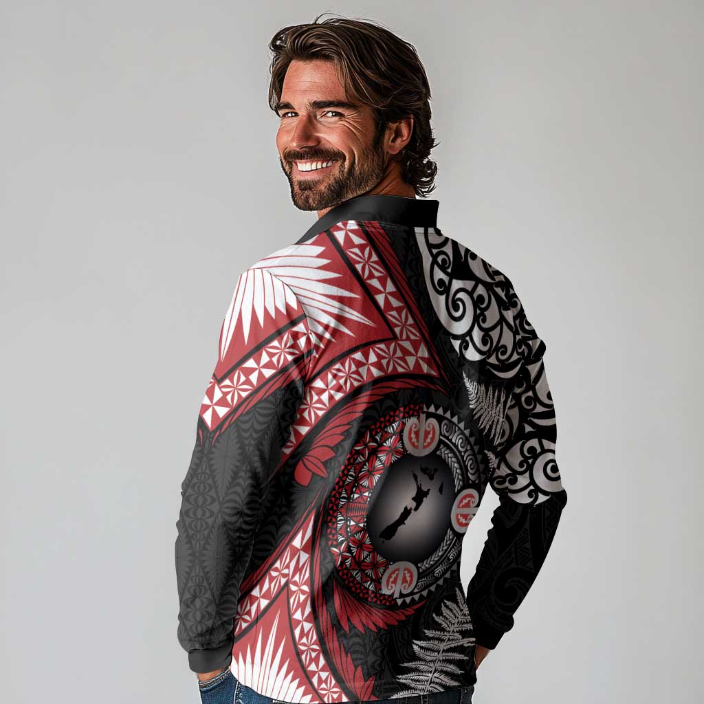 Tonga and New Zealand Together Long Sleeve Polo Shirt Ngatu Art Tribal Maori Tattoo and Silver Fern LT03 - Polynesian Pride