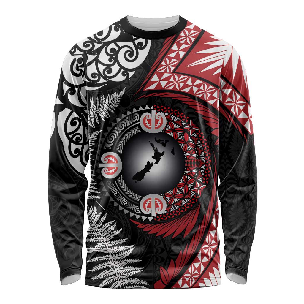 Tonga and New Zealand Together Long Sleeve Shirt Ngatu Art Tribal Maori Tattoo and Silver Fern LT03 Unisex Black - Polynesian Pride