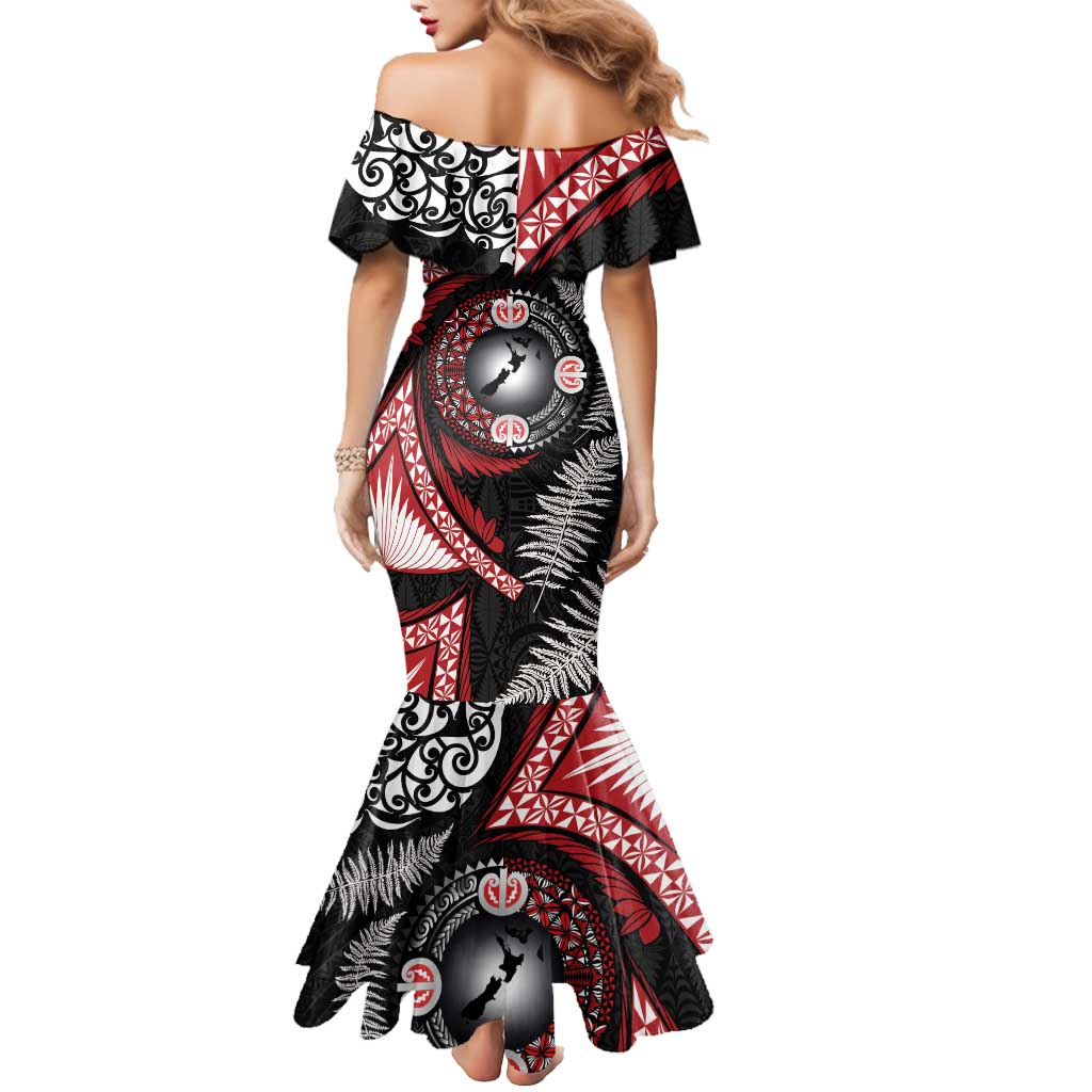 Tonga and New Zealand Together Mermaid Dress Ngatu Art Tribal Maori Tattoo and Silver Fern LT03 - Polynesian Pride