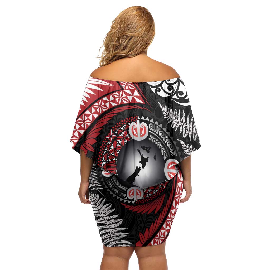 Tonga and New Zealand Together Off Shoulder Short Dress Ngatu Art Tribal Maori Tattoo and Silver Fern LT03 - Polynesian Pride