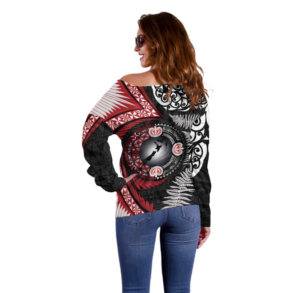 Tonga and New Zealand Together Off Shoulder Sweater Ngatu Art Tribal Maori Tattoo and Silver Fern LT03 - Polynesian Pride