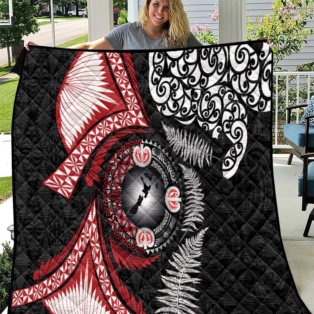 Tonga and New Zealand Together Quilt Ngatu Art Tribal Maori Tattoo and Silver Fern LT03 Black - Polynesian Pride