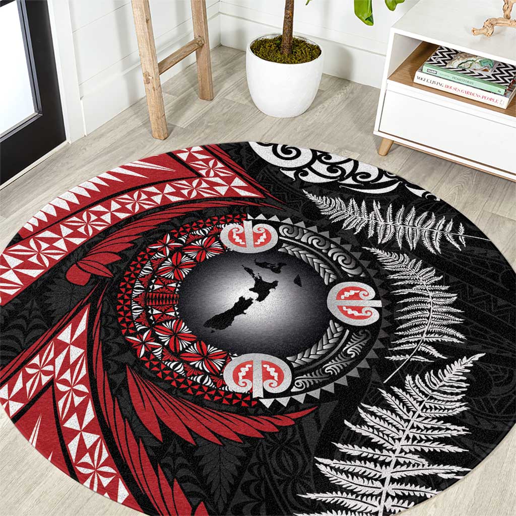 Tonga and New Zealand Together Round Carpet Ngatu Art Tribal Maori Tattoo and Silver Fern LT03 Black - Polynesian Pride