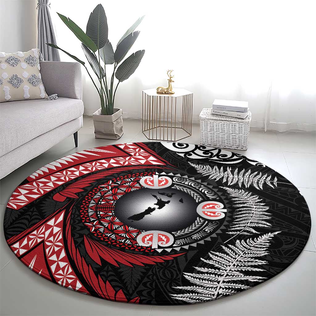 Tonga and New Zealand Together Round Carpet Ngatu Art Tribal Maori Tattoo and Silver Fern LT03 - Polynesian Pride