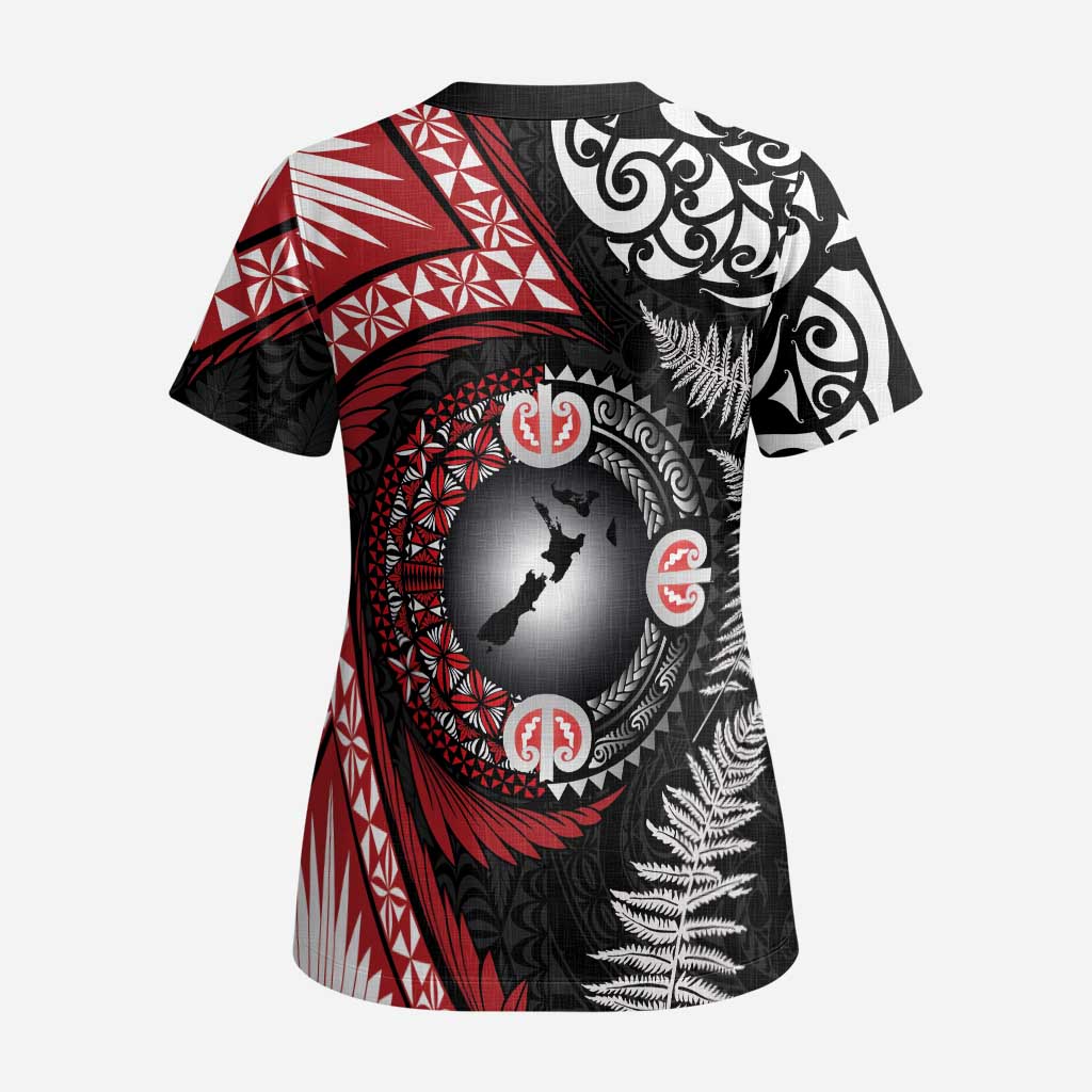 Tonga and New Zealand Together Scrub Top Ngatu Art Tribal Maori Tattoo and Silver Fern LT03 - Polynesian Pride