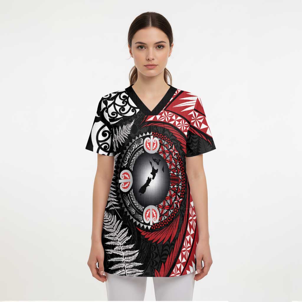 Tonga and New Zealand Together Scrub Top Ngatu Art Tribal Maori Tattoo and Silver Fern LT03 - Polynesian Pride