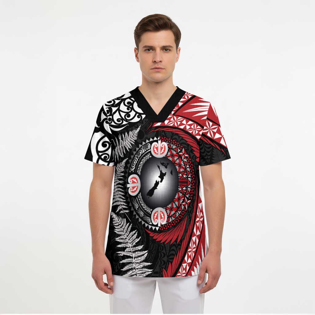 Tonga and New Zealand Together Scrub Top Ngatu Art Tribal Maori Tattoo and Silver Fern LT03 - Polynesian Pride