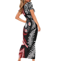 Tonga and New Zealand Together Short Sleeve Bodycon Dress Ngatu Art Tribal Maori Tattoo and Silver Fern LT03 - Polynesian Pride