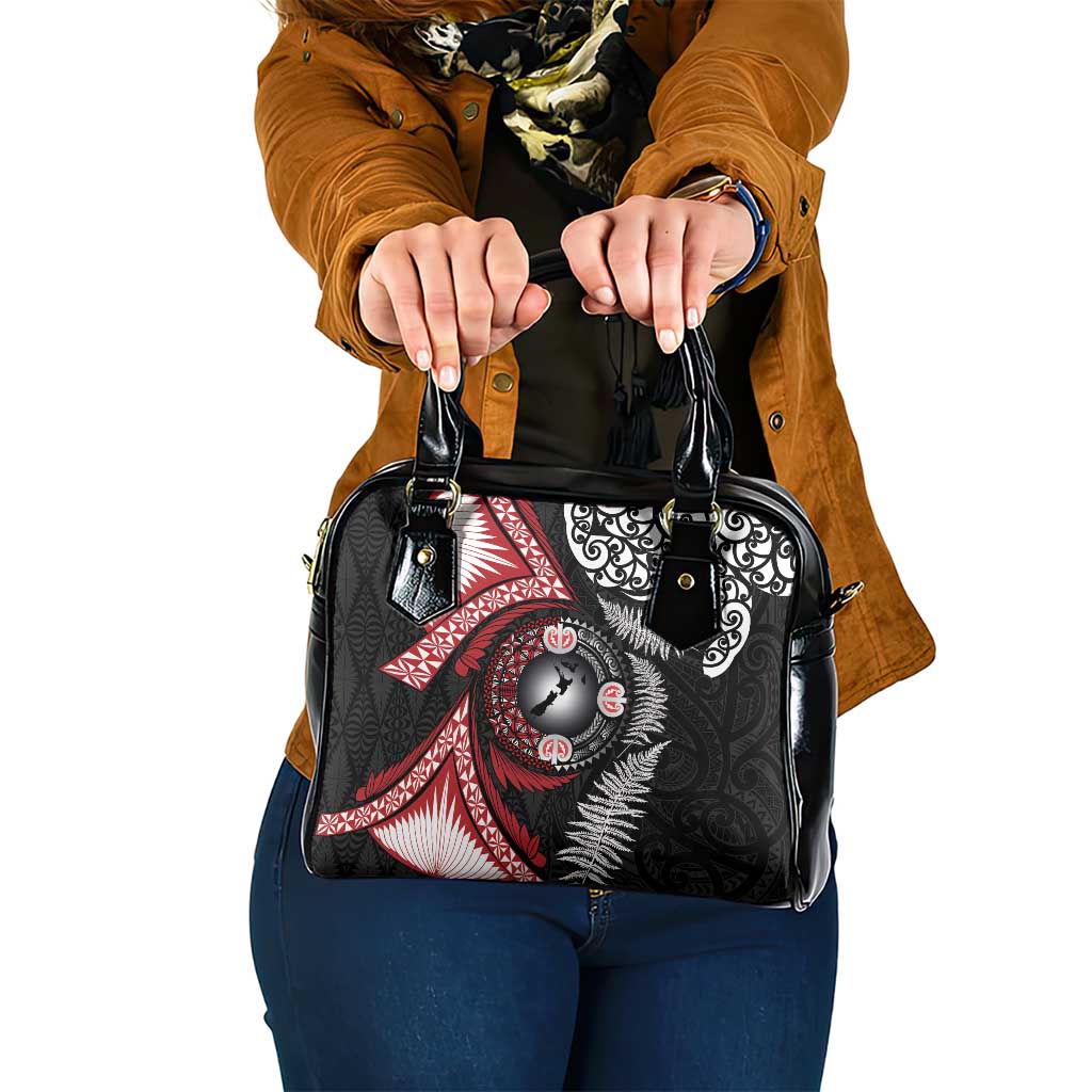 Tonga and New Zealand Together Shoulder Handbag Ngatu Art Tribal Maori Tattoo and Silver Fern LT03 One Size Black - Polynesian Pride