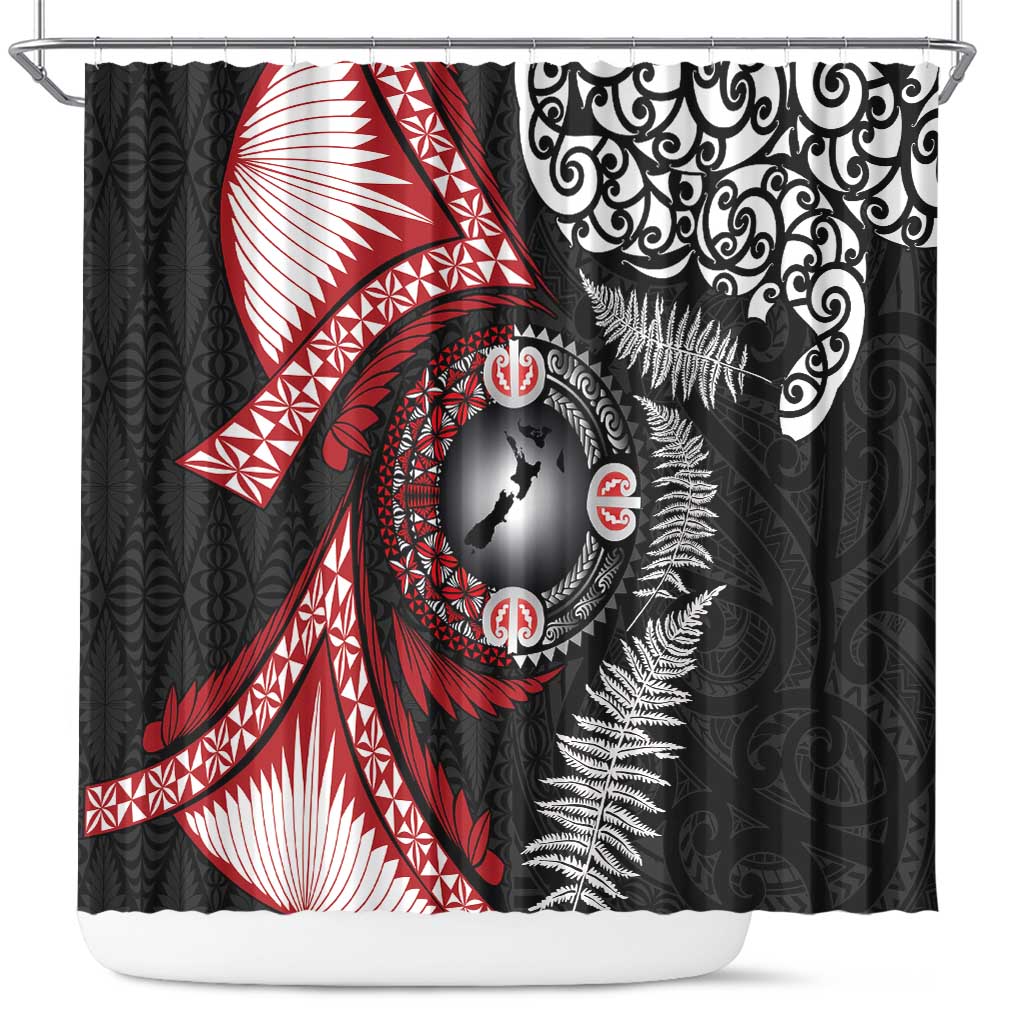 Tonga and New Zealand Together Shower Curtain Ngatu Art Tribal Maori Tattoo and Silver Fern LT03 Black - Polynesian Pride