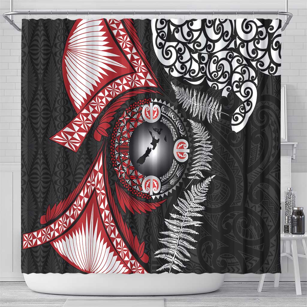 Tonga and New Zealand Together Shower Curtain Ngatu Art Tribal Maori Tattoo and Silver Fern LT03 - Polynesian Pride