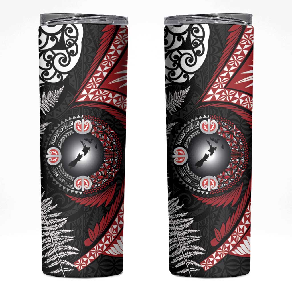 Tonga and New Zealand Together Skinny Tumbler Ngatu Art Tribal-Maori Tattoo and Silver Fern LT03 Black - Polynesian Pride