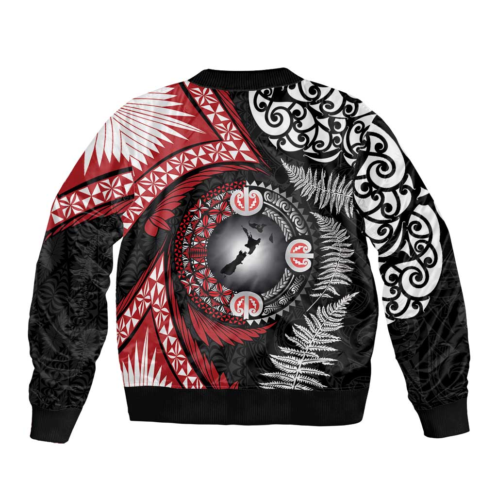 Tonga and New Zealand Together Sleeve Zip Bomber Jacket Ngatu Art Tribal Maori Tattoo and Silver Fern LT03 - Polynesian Pride