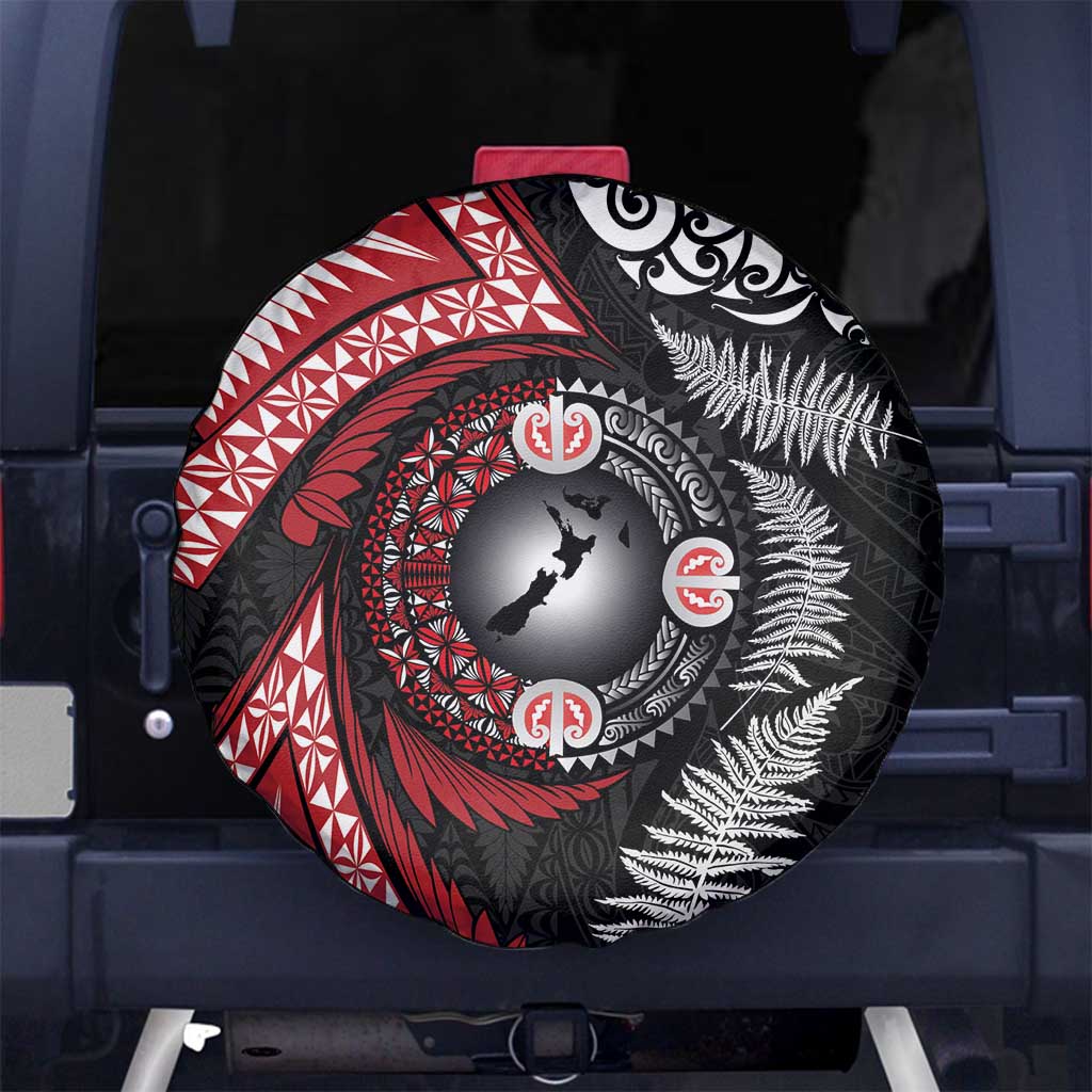 Tonga and New Zealand Together Spare Tire Cover Ngatu Art Tribal Maori Tattoo and Silver Fern LT03 No hole Black - Polynesian Pride