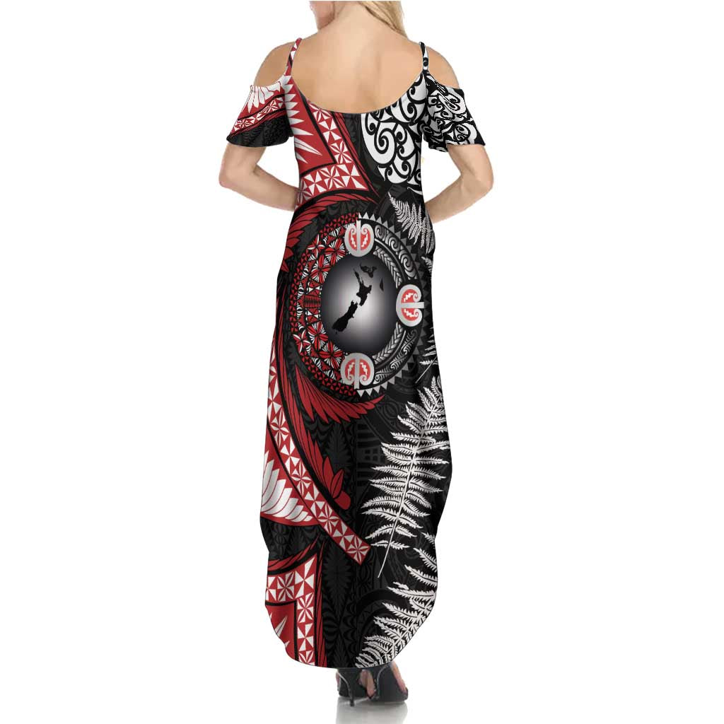 Tonga and New Zealand Together Summer Maxi Dress Ngatu Art Tribal Maori Tattoo and Silver Fern LT03 - Polynesian Pride