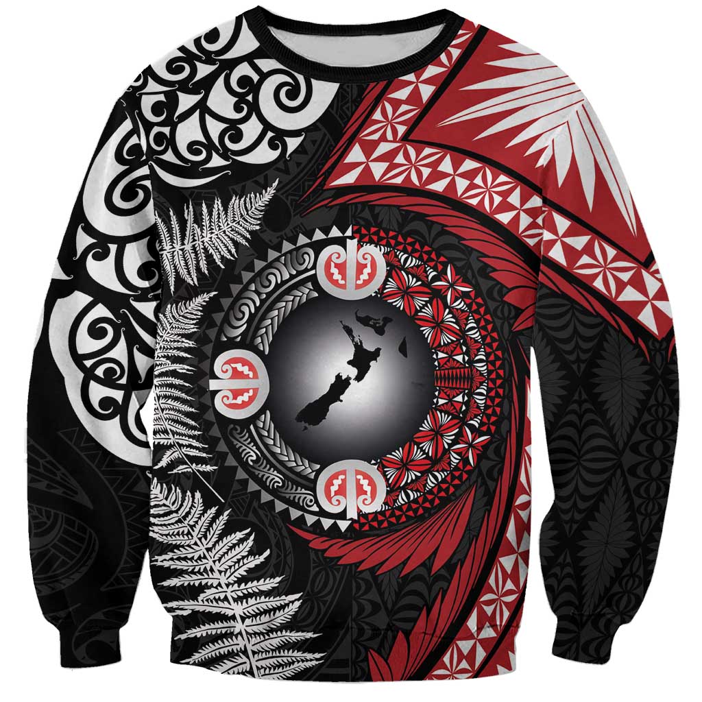 Tonga and New Zealand Together Sweatshirt Ngatu Art Tribal Maori Tattoo and Silver Fern LT03 Unisex Black - Polynesian Pride