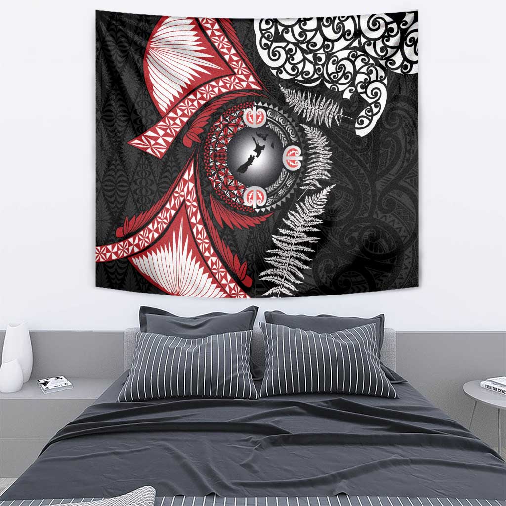 Tonga and New Zealand Together Tapestry Ngatu Art Tribal Maori Tattoo and Silver Fern LT03 - Polynesian Pride