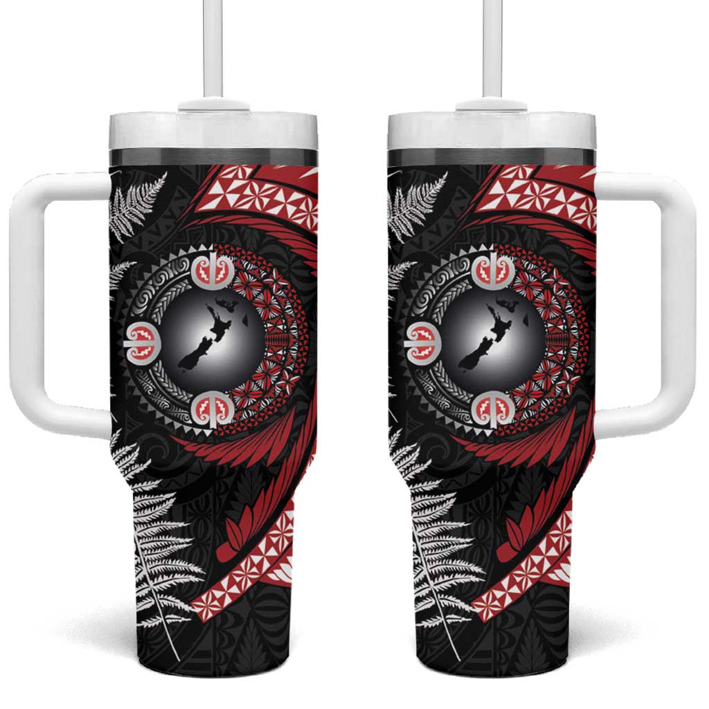 Tonga and New Zealand Together Tumbler With Handle Ngatu Art Tribal-Maori Tattoo and Silver Fern LT03 One Size: 40 oz Black - Polynesian Pride