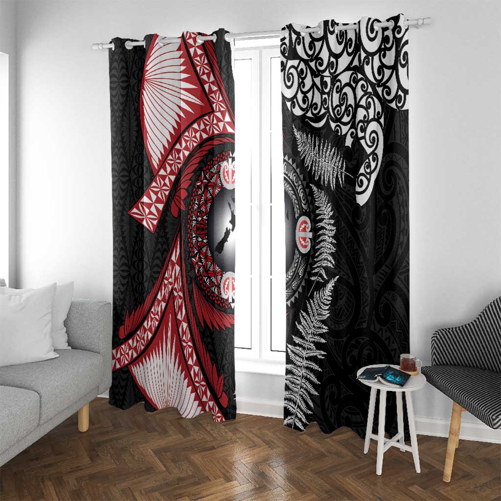 Tonga and New Zealand Together Window Curtain Ngatu Art Tribal Maori Tattoo and Silver Fern LT03 With Grommets Black - Polynesian Pride
