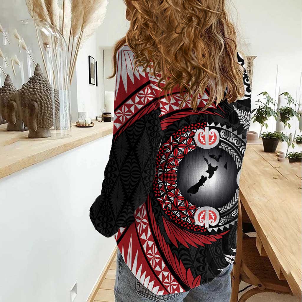 Tonga and New Zealand Together Women Casual Shirt Ngatu Art Tribal Maori Tattoo and Silver Fern