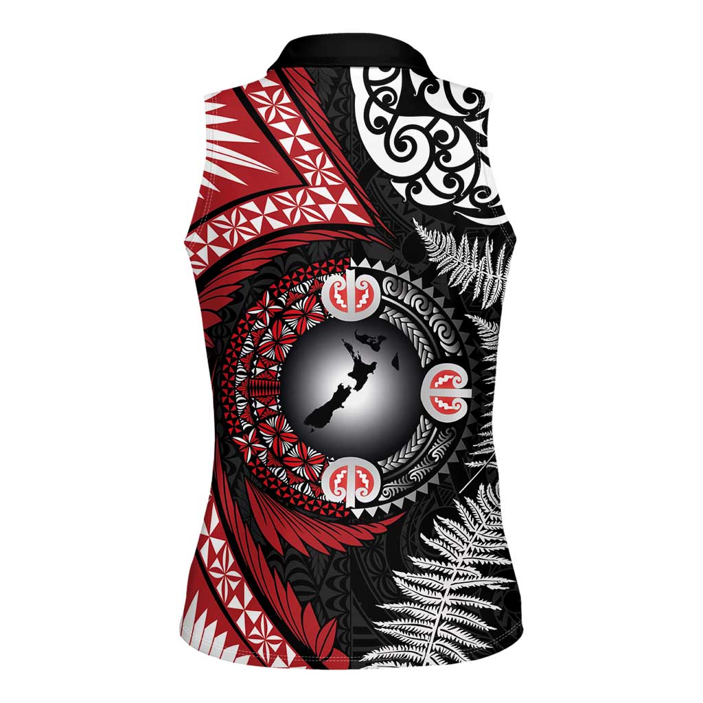 Tonga and New Zealand Together Women Sleeveless Polo Shirt Ngatu Art Tribal Maori Tattoo and Silver Fern LT03 - Polynesian Pride
