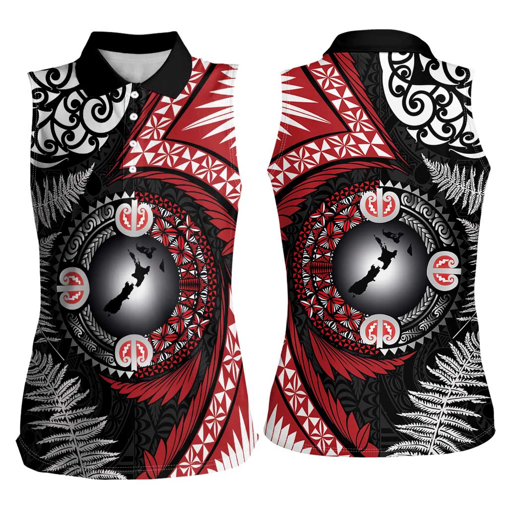 Tonga and New Zealand Together Women Sleeveless Polo Shirt Ngatu Art Tribal Maori Tattoo and Silver Fern LT03 - Polynesian Pride