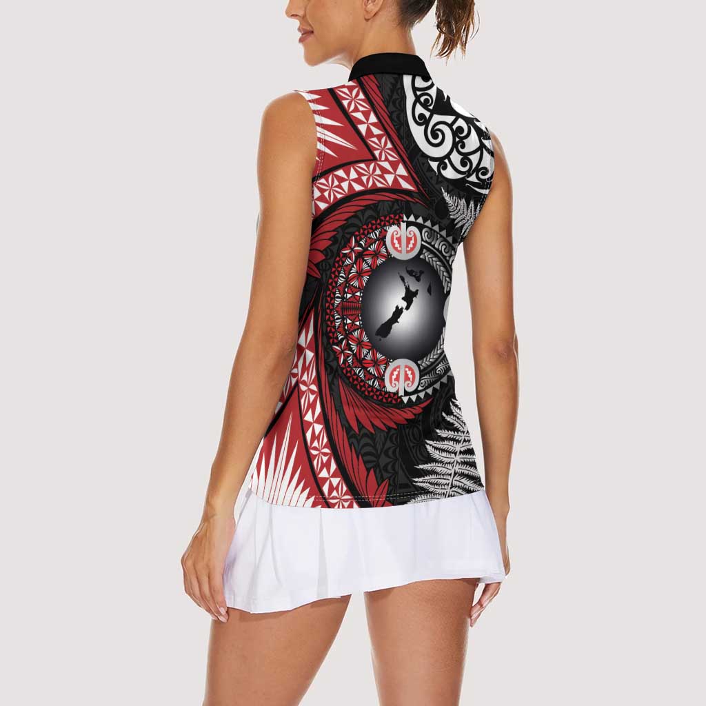 Tonga and New Zealand Together Women Sleeveless Polo Shirt Ngatu Art Tribal Maori Tattoo and Silver Fern LT03 - Polynesian Pride