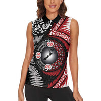 Tonga and New Zealand Together Women Sleeveless Polo Shirt Ngatu Art Tribal Maori Tattoo and Silver Fern LT03 - Polynesian Pride