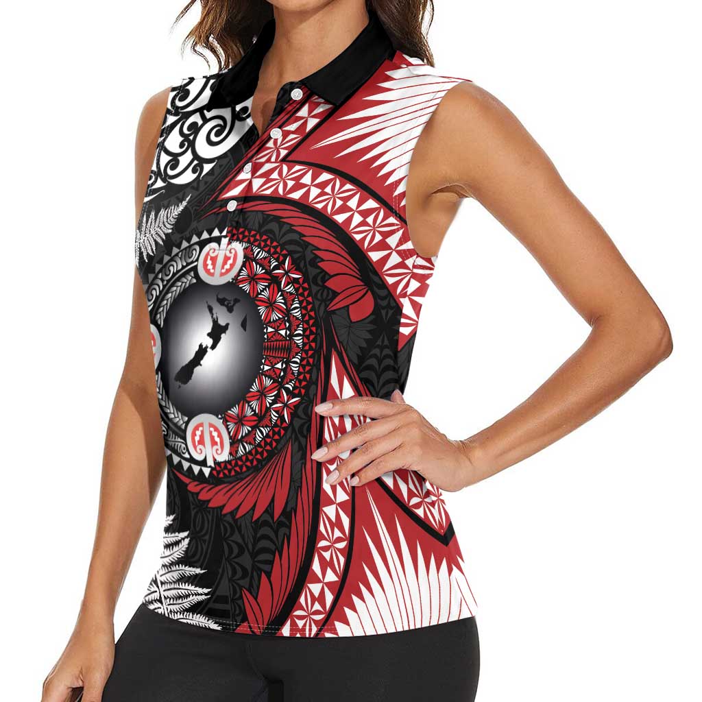 Tonga and New Zealand Together Women Sleeveless Polo Shirt Ngatu Art Tribal Maori Tattoo and Silver Fern LT03 - Polynesian Pride