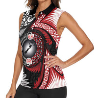 Tonga and New Zealand Together Women Sleeveless Polo Shirt Ngatu Art Tribal Maori Tattoo and Silver Fern LT03 - Polynesian Pride