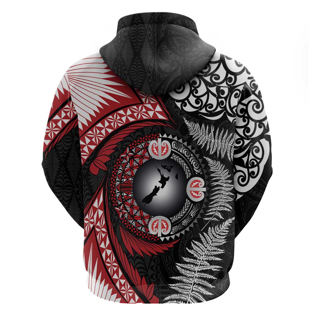 Tonga and New Zealand Together Zip Hoodie Ngatu Art Tribal Maori Tattoo and Silver Fern LT03 - Polynesian Pride