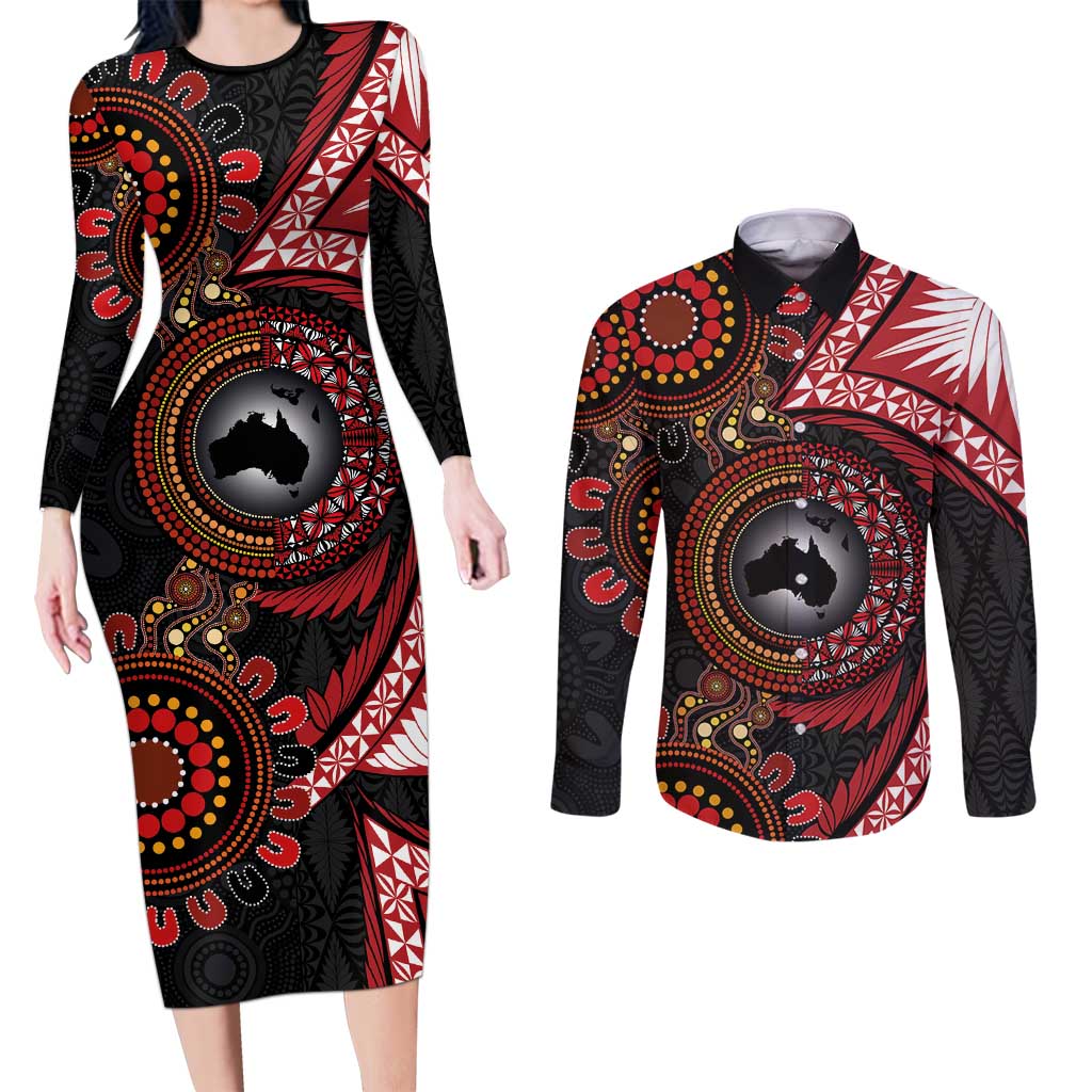 Tonga and Australia Together Couples Matching Long Sleeve Bodycon Dress and Long Sleeve Button Shirt Ngatu Art Tribal Aboriginal Tattoo Pattern LT03 Black - Polynesian Pride